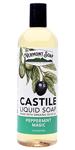 Vermont Castile Soap Peppermint, Gentle Liquid Soap for Sensitive Skin & Natural Body Wash, Organic Hair Shampoo for Oily Hair, Aloe Castile Soap for Men & Women - 16 Oz