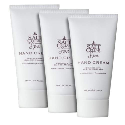 Salt Cellar Spa Dead Sea Mineral Hand Cream, Pack of Three, Moisturizer Lotion for Dry, Cracked Skin Enriched with Glycerin, Olive Oil, Paraben Free, Fast Absorbing, 5.1 FL oz (150 ml)