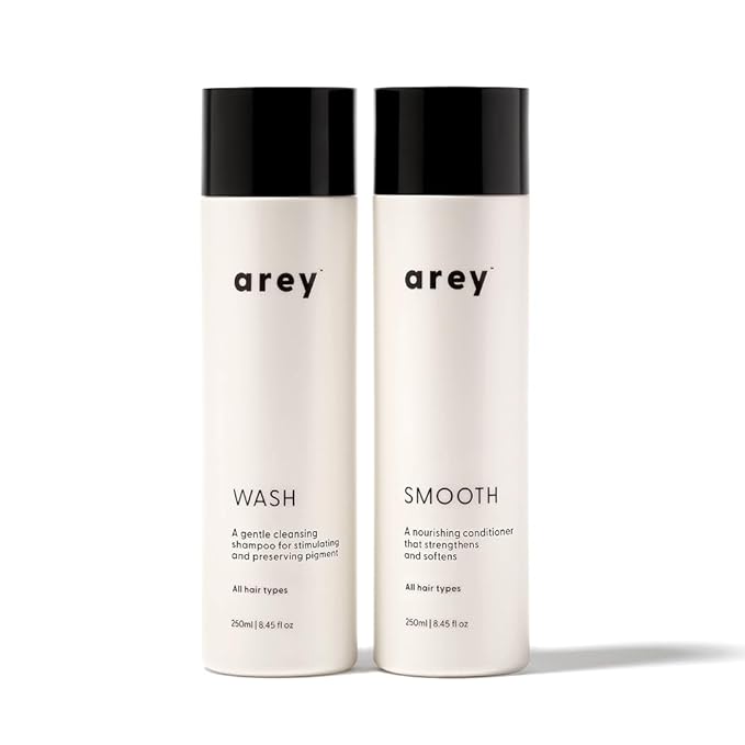 Arey Shower Duo | Daily Wash Shampoo and Smooth Conditioner Set | Delay + Reduce the Signs of Aging Grey Hair | Retain Moisture, Promote Smoothness | Vegan, Gluten-Free & Cruelty Free (2 Pack)