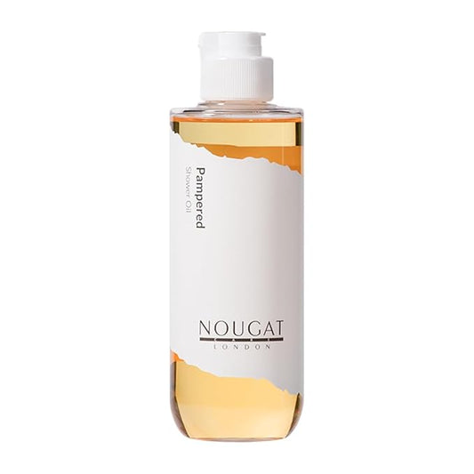 NOUGAT Pampered Shower Oil, Makeup & Sunscreen Removal, Free-from Formular, Oil-to-Milky Lather, Cleanse without Drying with Luxury Botanical Oils, Delicate Perfume,Smooth Skin,Vitamin E