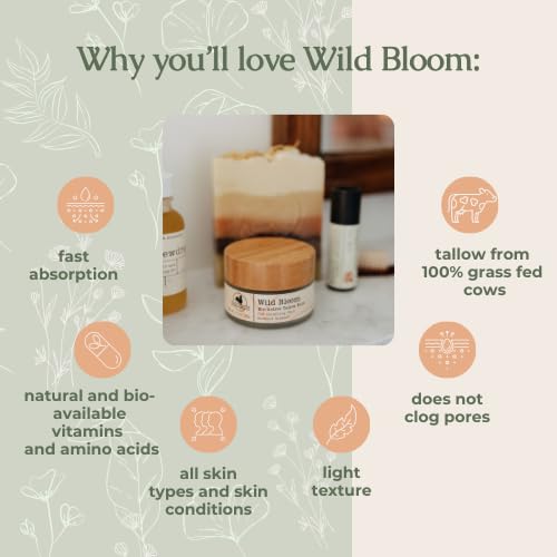 Hearth and Homestead: Handmade Wild Bloom Bio-Active Tallow Face Balm/Cream with Blue Tansy - Hydrate, Nourish, and Protect Skin - .7 oz