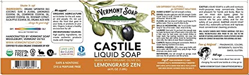 Vermont Castile Lemongrass Zen Soap, Gentle Liquid Soap for Sensitive Skin & Natural Body Wash, Organic Hair Shampoo for Oily Hair, Aloe Castile Soap for Men & Women - 64 Oz