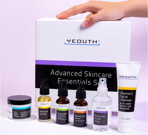YEOUTH Skin Care Set: Hyaluronic Acid Serum, Vitamin C Serum, Face Cleanser, Toner, Under Eye Gel, Face Cream, 6-Piece Skincare Kit For Women & Men