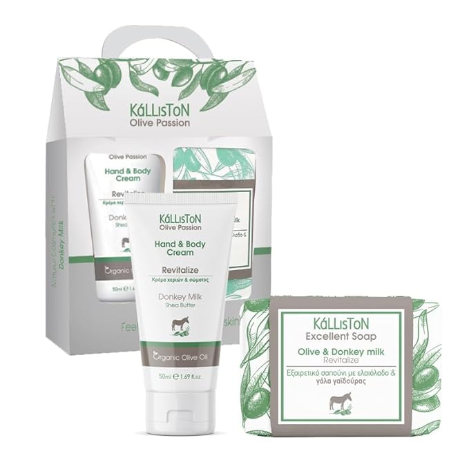 Kalliston Organic Donkey Milk Cream with Shea Butter and Organic Olive Oil and Donkey Milk Soap Bar, Revitalize Gift Set