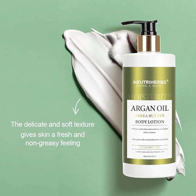 Neutriherbs Body Lotion for Women and Men, Argan Oil + Shea Butter Body Cream, Deep Moisture and Soothin Skin, Plump Bottle - 13.52 Fl Oz