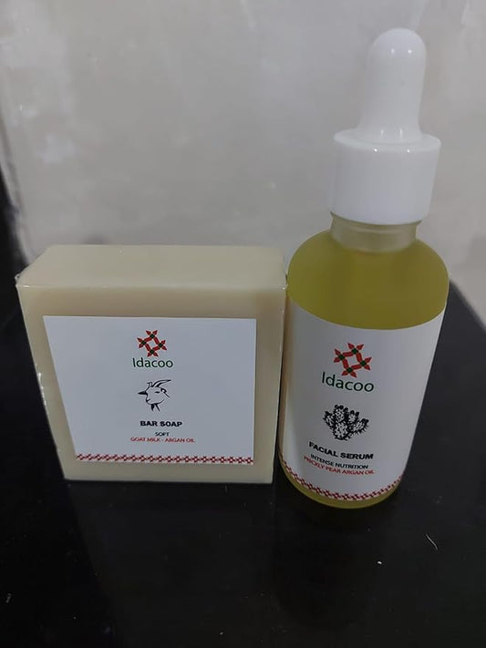 Natural Skincare Set, Goat Milk Argan Oil Bar Soap and Facial Serum with Prickly Pear Oil