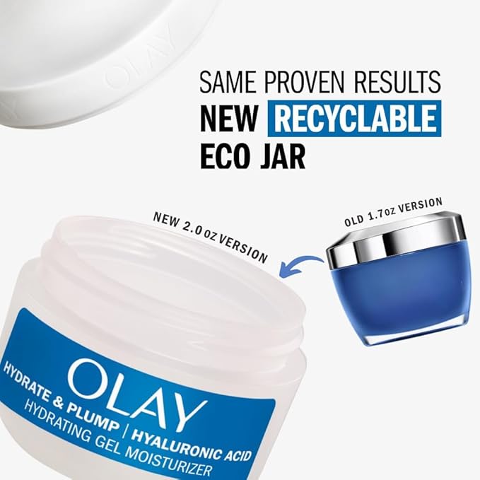 Olay Hylauronic Acid Face Mousturizer, Plump & Hydrate, Fragrance-Free - Hydrating Gel for Dry Skin Retain & Replenish Moisture, with Niacinamide - Recyclable Sustainable Eco Jar, Non-Greasy, 2 Oz