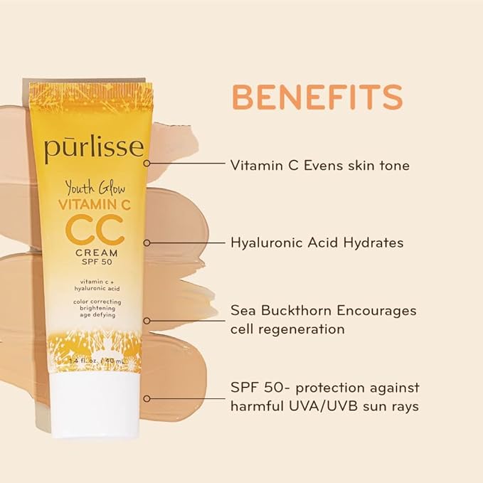 pürlisse Youth Glow Vitamin C CC Cream with SPF 50 - Color Corrector Enriched with Sea Buckthorn, Vitamin C & Hyaluronic Acid - Boosts Radiance & Youthfulness - Paraben-Free - Light Medium (1.4 oz)