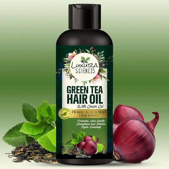 Luxura Sciences Green Tea Oil for Hair Growth | Controls Dandruff & Hair Loss | Root Strengthening Oil | Makes Hair Soft, Shiny & Thick | 6.76 Fl Oz/200 ml