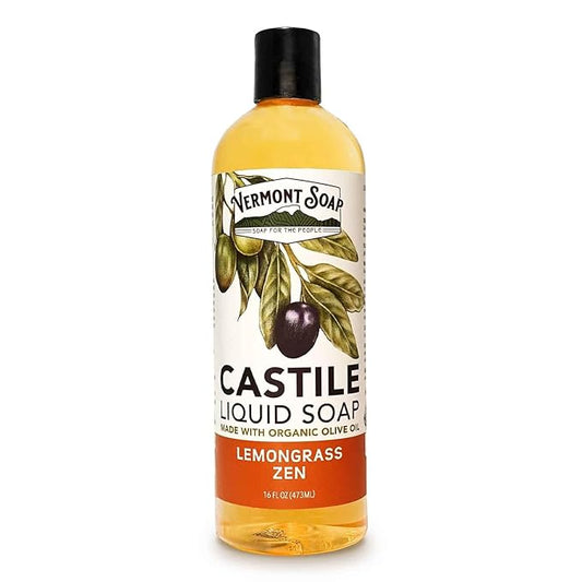 Vermont Castile Lemongrass Zen Soap, Gentle Liquid Soap for Sensitive Skin & Natural Body Wash, Organic Hair Shampoo for Oily Hair, Aloe Castile Soap for Men & Women - 16 Oz