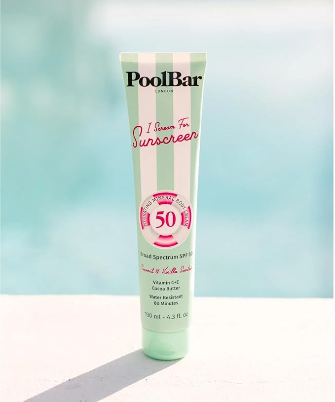 PoolBar SPF 50 Hydrating Mineral Body Sunscreen Cream for Women and Men Skin Care - Coconut Vanilla Scent Sun Care, Vegan and Water Resistant, Broad Spectrum Sunscreen, 130 ml (4.3 Fl. Oz) (Pack of 3)