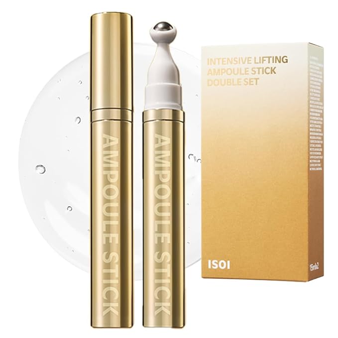 ISOI Intensive Lifting Gua Sha Ampoule Stick, Eye Roller, Under Eye Serum for Dark Circles, Puffy Bags, and Wrinkles with Bulgarian Rose Oil & Peptide Complex, Korean Skin Care (1 fl.oz, 15mlx2)