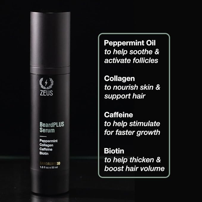 ZEUS BeardPlus Growth Serum for Men, Refined Beard Oil with Biotin, Caffeine & Collagen for Thicker, Fuller, Softer Facial Hair & Healthy Skin Care (Made in USA) 1.6 oz