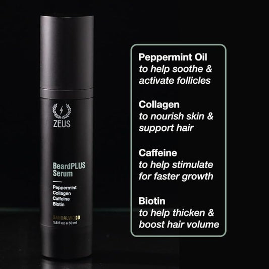 ZEUS BeardPlus Growth Serum for Men, Refined Beard Oil with Biotin, Caffeine & Collagen for Thicker, Fuller, Softer Facial Hair & Healthy Skin Care (Made in USA) 1.6 oz