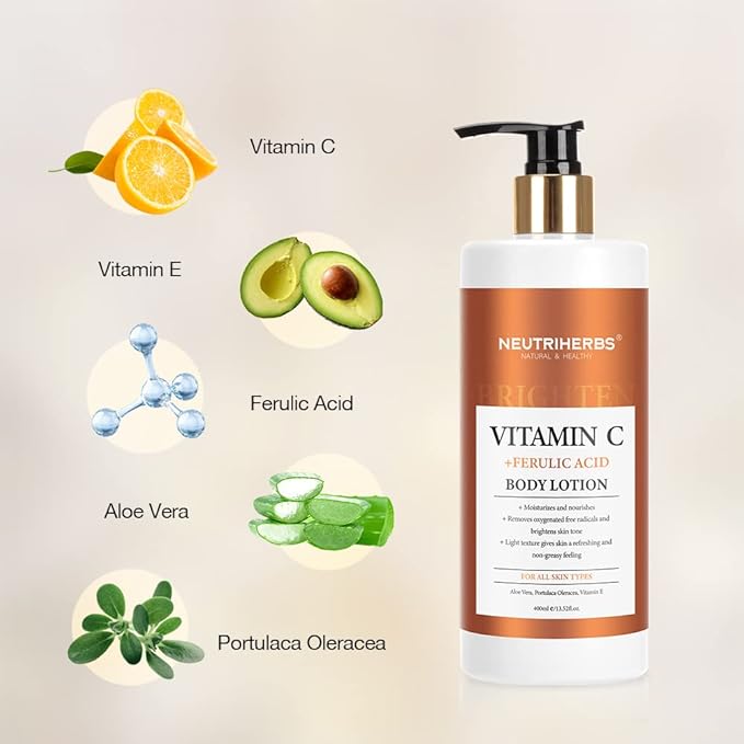 Neutriherbs Body Lotion for Women Dry Skin with Vitamin C + Ferulic Acid Natural Body Lotion Moisturizes and Nourishes for All Skin Types 13.52 Fl Oz Pump Bottle