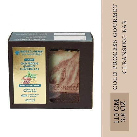 ROOTS AND HERBS Cold Process Gourmet Cleansing Bar Oats, Cacao & Mint Scrubby Body Soap 100% Vegan, Natural & Ayurvedic Gluten Free Soap Suits for All Skin Types for Men & Women - (110 gms/3.8 oz)