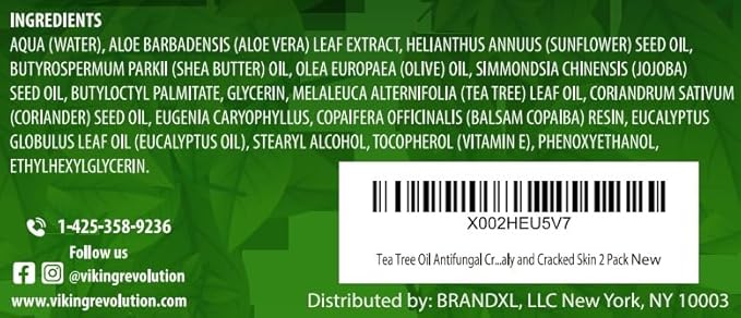 Viking Revolution Tea Tree Oil Cream - Super Balm Athletes Foot Cream - for Eczema, Jock Itch, Ringworm, Nail Treatment - Soothing Skin Moisturizer for Itchy, Scaly, Cracked Skin, 2 Ounce (Pack of 2)