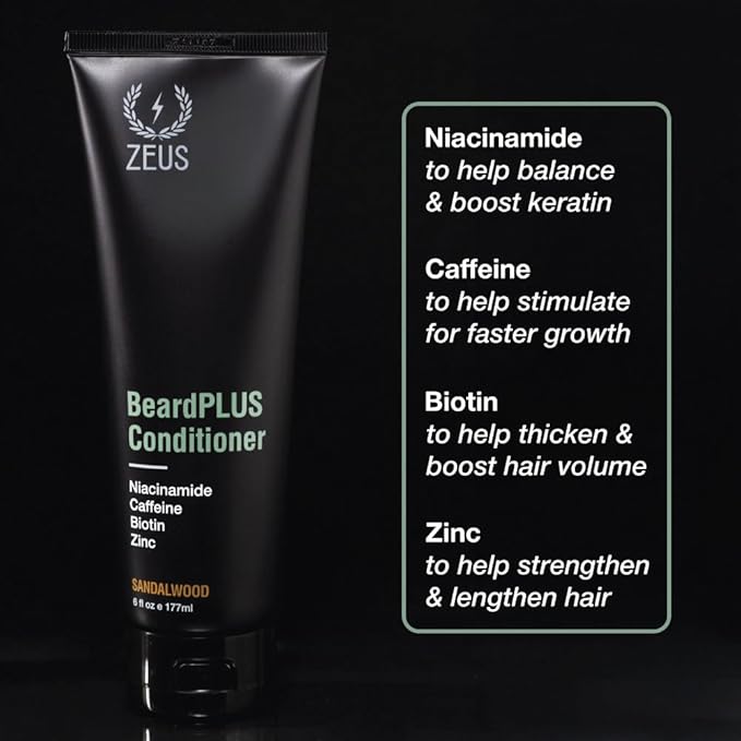 ZEUS BeardPLUS Conditioner for Men, Enhanced Beard Growth & Hair Care Treatment with Biotin & Caffeine to Boost Thickness, Strength, Hydration, and Skin Comfort (Made in USA) 6 oz.