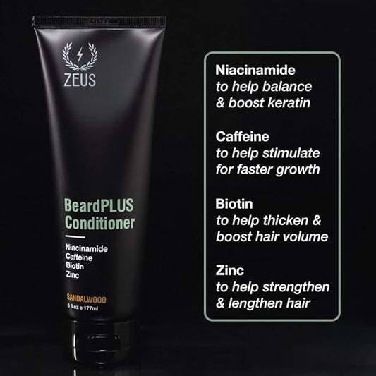 ZEUS BeardPLUS Conditioner for Men, Enhanced Beard Growth & Hair Care Treatment with Biotin & Caffeine to Boost Thickness, Strength, Hydration, and Skin Comfort (Made in USA) 6 oz.
