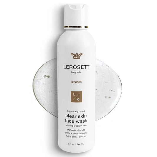LEROSETT® Clear Skin Face Wash – Gentle Gel Cleanser with 60% Aloe-Rich Botanicals, 4% Glycolic Acid & Vit-E Microbeads – Fights Breakouts, Unclogs Pores, Balances Oil – Spa-Grade, Vegan – 6.7oz