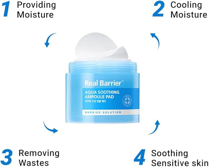 Real Barrier Aqua Soothing Ampoule Pad, 70 Pads l Hyaluronic Acid Facial Serum | Redness Relief for Sensitive Skin | Facial Moisturizer for Dry Skin| Calming Chamomile Extract| Korean Skincare