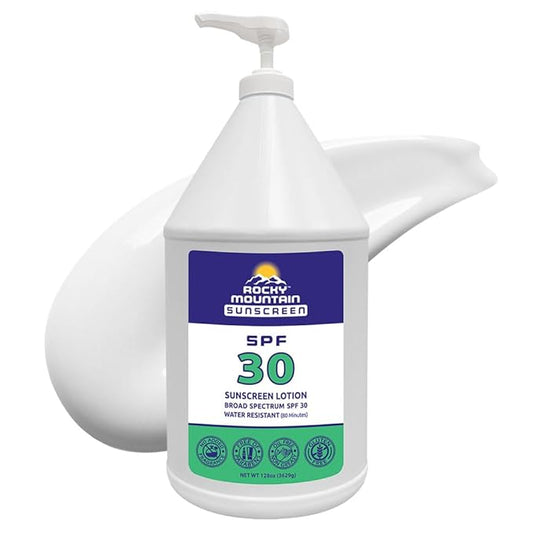 Rocky Mountain Sunscreen - SPF 30 Lotion | Broad Spectrum UVA/UVB Protection | Hawaii 104 Reef Act Compliant (Oxybenzone & Octinoxate Free) | Water Resistant 80 Min. | Gallon with Pump (128 Fl Oz)