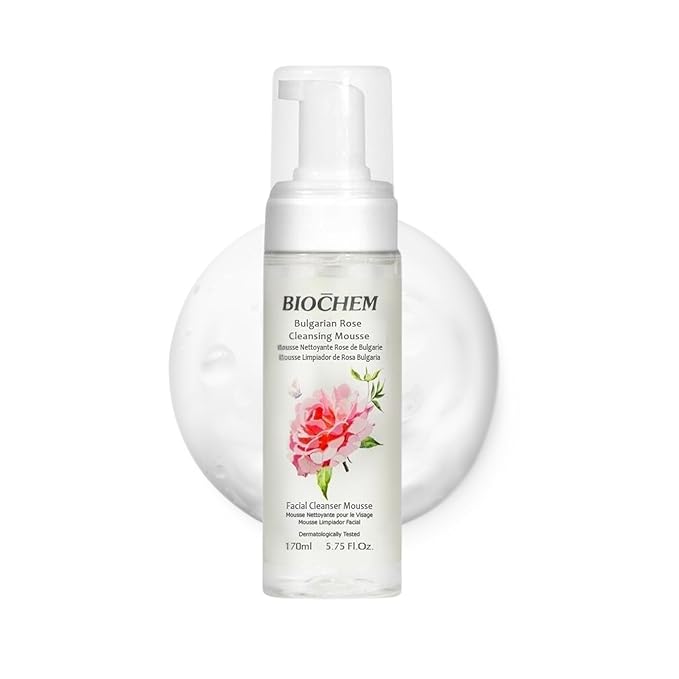 BIOCHEM Bulgarian Rose Foaming Face Wash, 3-in-1 Cleanser Mousse with Rose Oil, Vitamin C & Hyaluronic Acid, Hydrating Gentle Daily Cleanser for All Skin Types, Cruelty-Free (5.75 fl oz / 170 mL)
