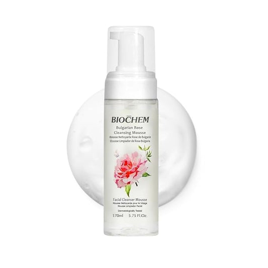 BIOCHEM Bulgarian Rose Foaming Face Wash, 3-in-1 Cleanser Mousse with Rose Oil, Vitamin C & Hyaluronic Acid, Hydrating Gentle Daily Cleanser for All Skin Types, Cruelty-Free (5.75 fl oz / 170 mL)