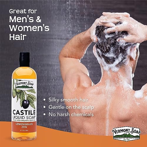 Vermont Castile Lemongrass Zen Soap, Gentle Liquid Soap for Sensitive Skin & Natural Body Wash, Organic Hair Shampoo for Oily Hair, Aloe Castile Soap for Men & Women - 16 Oz