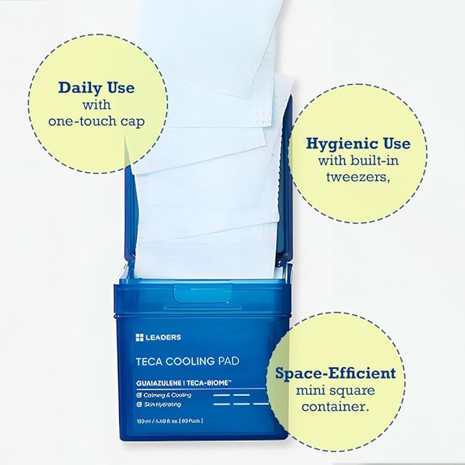 LEADERS Teca Cooling Toner Pad - Instant Relief for Dry, Overheated Skin | Vegan-Certified | Clinically Proven Efficacy | Korean Skincare 80 Pads x 130ml