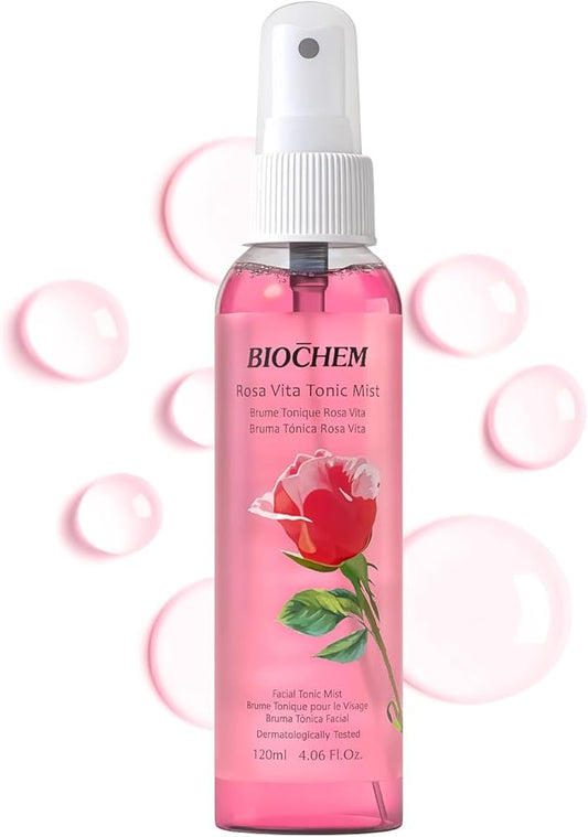 BIOCHEM Rosa Vita Tonic Mist – 3-in-1 Rose Water Toner, Face Mist & Makeup Finishing Spray with Rose Oil & Vitamins B |  Hydrating & pH Balancing Mist for All Skin Types (4.05 fl oz / 120 mL)
