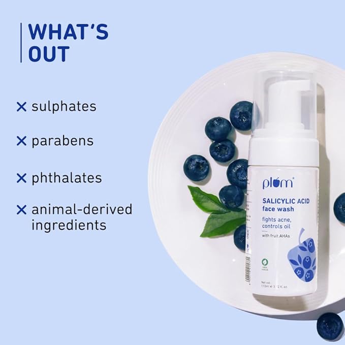 Plum 1% Encapsulated Salicylic Acid Foaming Face Wash with Glycolic Acid, Fruit AHA's & Blueberry Extracts | Fights Acne, Blackheads & Breakouts | For Men & Women | Sulphate-Free | 100% Vegan | 110 ml