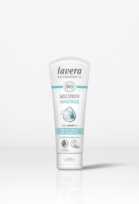 lavera Basis Sensitive Hand Cream - Hand Lotion with Organic Aloe Vera & Shea Butter for Smooth Hands - Intensive & Moisturizing Care - PETA Certified - Vegan - Made in Germany - 2.5 Fl Oz