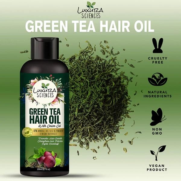 Luxura Sciences Green Tea Oil for Hair Growth | Controls Dandruff & Hair Loss | Root Strengthening Oil | Makes Hair Soft, Shiny & Thick | 6.76 Fl Oz/200 ml