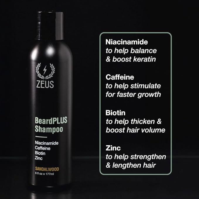 ZEUS BeardPLUS Shampoo for Men, Enhanced Beard Growth & Hair Care Treatment with Biotin & Caffeine to Boost Thickness, Strength, Hydration, and Skin Comfort (Made in USA) 6 oz.
