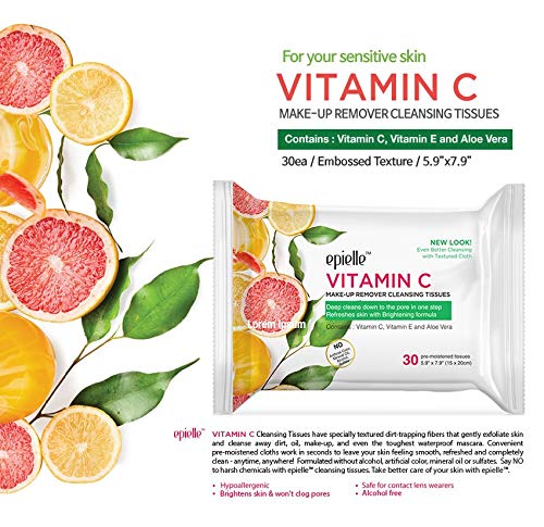 Epielle New Makeup Remover Cleansing Wipes Tissue - Cucumber 30 Count 6 Pack | Gentle for all Skin Types | Daily Facial Cleansing Towelettes | Removes Dirt, Oil, Makeup (Vitamin C)