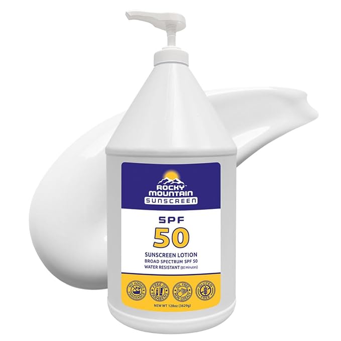 Rocky Mountain Sunscreen SPF 50 Gallon Lotion | Broad Spectrum UVA/UVB Protection | Hawaii 104 Reef Act Compliant (Oxybenzone & Octinoxate Free) | Water Resistant 80 Min. | Fragrance Free | 128 Fl Oz