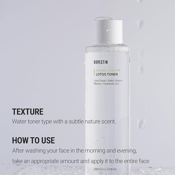 ROVECTIN Calming Lotus Water Toner - pH4.7 Extra Soothing and Hydrating for Trouble Care | 40% Lotus Flower Extract for Purifying | Hyaluronic Acid, Alcohol-Free, Vegan, K-Beauty (6.76 fl. oz, 200ml)