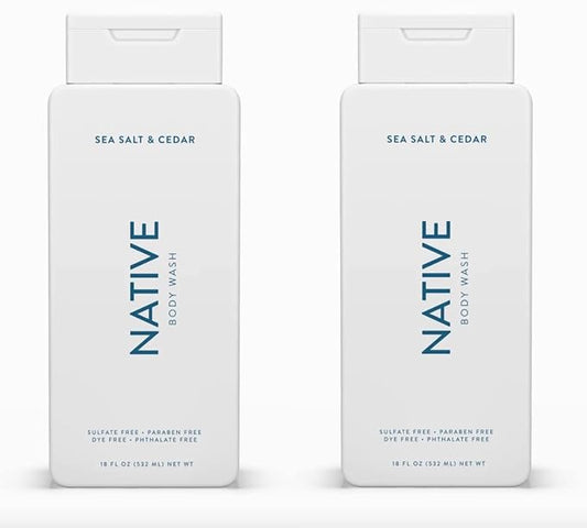 Native Body Wash Contains Naturally Derived Ingredients | For Women & Men, Sulfate, Paraben, & Dye Free Leaving Skin Soft and Hydrating | Sea Salt & Cedar 18 oz - 2 Pk