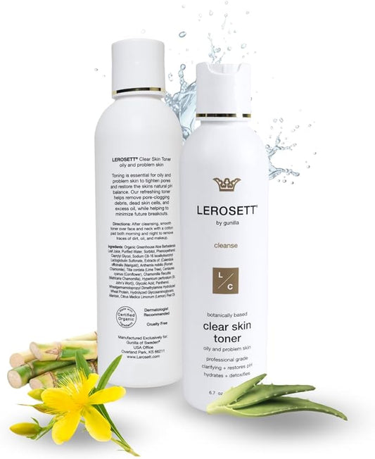 LEROSETT Toner for Clear Skin, Aloe Vera Based Toner with Glycolic Acid & 10 Calming Botanicals Helps Reduce Irritation, Future Blemishes, Blackheads, and Tightens Pores, Natural, Vegan - 6.7 oz