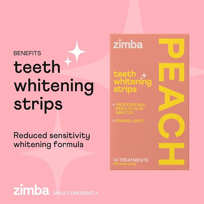 Zimba Teeth Whitening Strips Vegan Whitening Strip Enamel Safe Teeth Whitening Hydrogen Peroxide Teeth Whitener for Coffee, Wine, and Other Stains, 28 Strips (14 Day Treatment), Peach