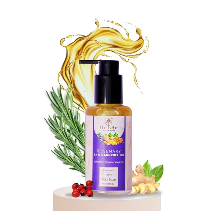 The Tribe Concepts Rosemary Anti Dandruff Hair Oil - Strengthens Hair, Itchy Flakes Scalp, Dandruff Remover with Rosemary, Ginger, Fenugreek, Pippali for Men Women 100 ml Pack of 1 Gold