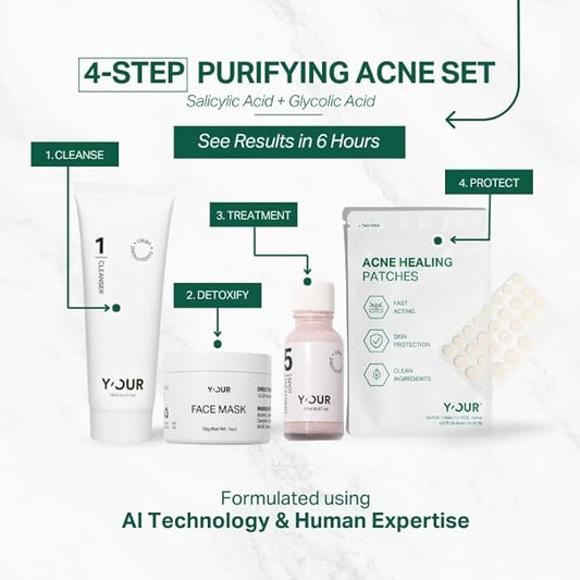 Y’OUR Acne-Care Sets: Acne Treatment Duo, 3-Step Acne Set, Purify & Treat Acne Set, Bloom & Blur Acne Set, Adult Acne Set. 4-Step Purifying Acne System. Made in USA
