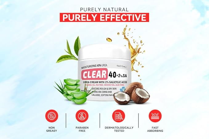 CLEAR Urea Cream 40 Percent Plus 2% Salicylic Acid (4oz) Made in USA | Urea Foot & Hand Cream Softens Cracked Heels & Dry Skin with Tea Tree & Coconut Oil - Callus & Corn Treatment