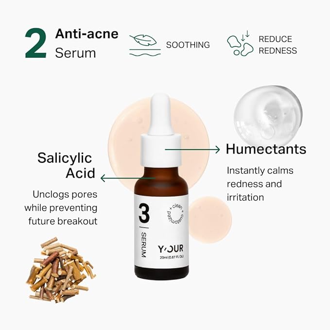 Y’OUR Essential 3-Step Acne Kit: Purifying Cleanser, Anti-Acne Serum & Healing Patches; Pimple Clearing, Pore Minimizing Skincare Routine. Made in USA. Suitable for All Skin Types