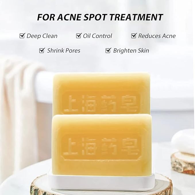 Bee & Flower Shanghai Yaozao Sulfur Soap for Acne Treatment 10% Sulfur Soap Cleansing Bar for Face and Body, All Natural Facial Cleanser for Acne, Oily Skin, 3.5oz