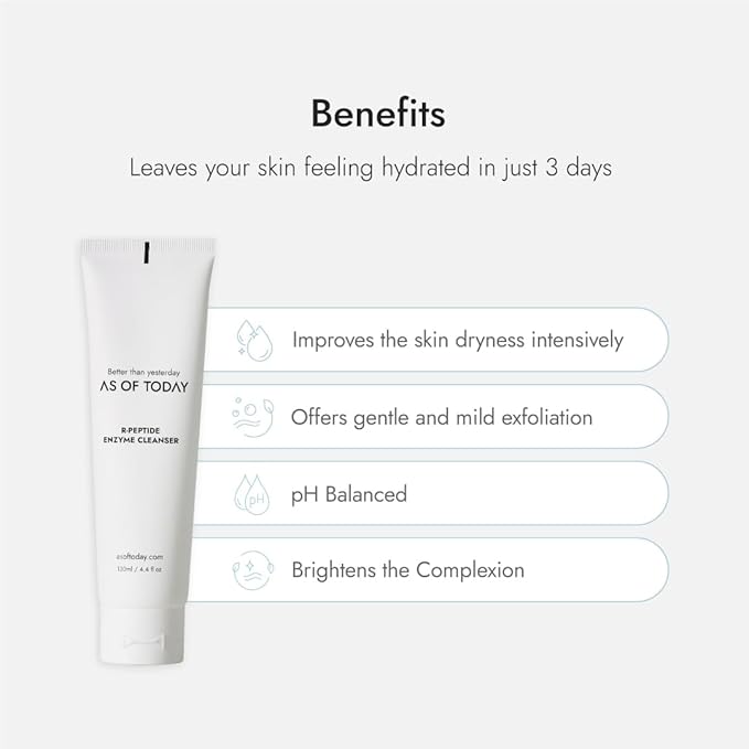AS OF TODAY R-Peptide Enzyme Cleanser | Gentle Daily Face Wash with Peptides & Plant Enzymes | Hydrating Brightening Non-Foaming Cleanser for Sensitive & Dry Skin | Clean Beauty 3.3 fl oz