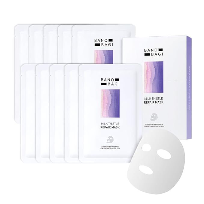 Milk Thistle Repair Face Mask – Korean Skin Care with Centella, Hyaluronic Acid & Adenosine | Hydrating & Soothing Sheet Mask for Sensitive Skin, Fragrance-Free, 10EA