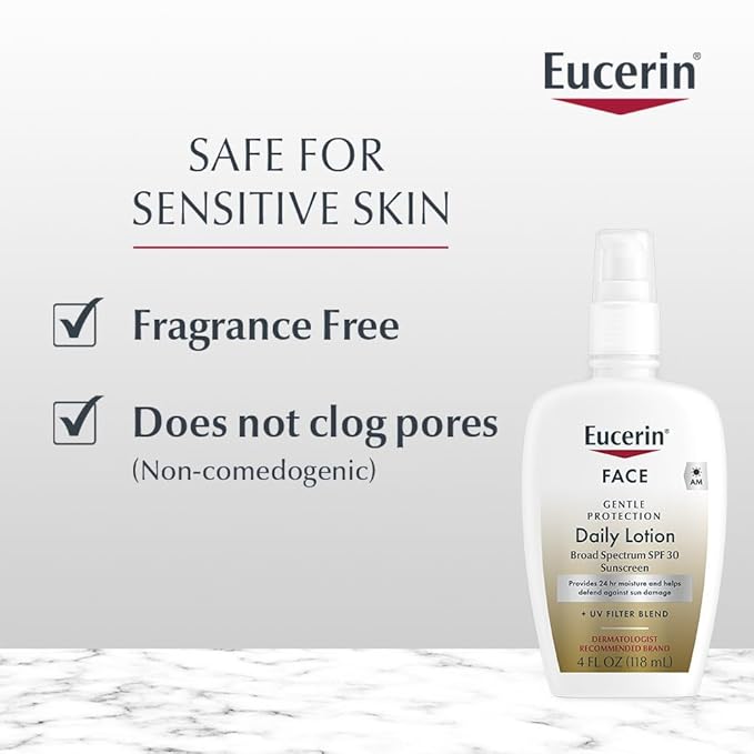 Eucerin Daily Protection Face Lotion with Broad Spectrum SPF 30 Sunscreen, Face Sunscreen Moisturizes and Helps Protect Sensitive, Dry Skin, Fragrance Free, 4 Fl Oz (Packaging May Vary)