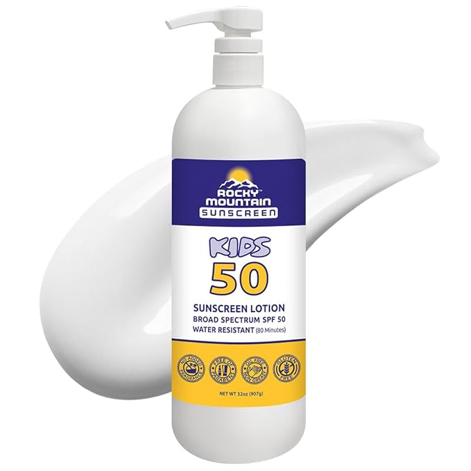Rocky Mountain Sunscreen | SPF 50 Lotion for Kids Broad Spectrum UVA/UVB Protection | Hawaii 104 Reef Act Compliant (Oxybenzone & Octinoxate Free) | Water Resistant 80 Min. |Quart With Pump (32 Fl Oz)